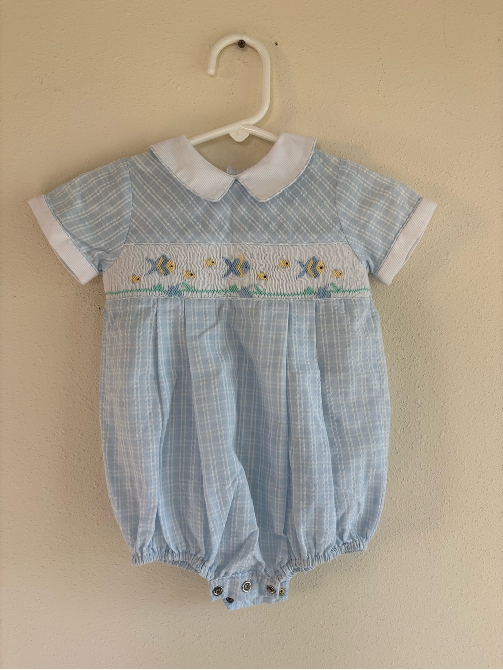 Friedknit Creations Fish Embroidered Smocked Plaid Romper 9M Cotton Blend